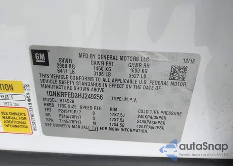 2017 Chevrolet Traverse Ls z USA, uszkodzony, nr VIN 1GNKRFED3HJ249256